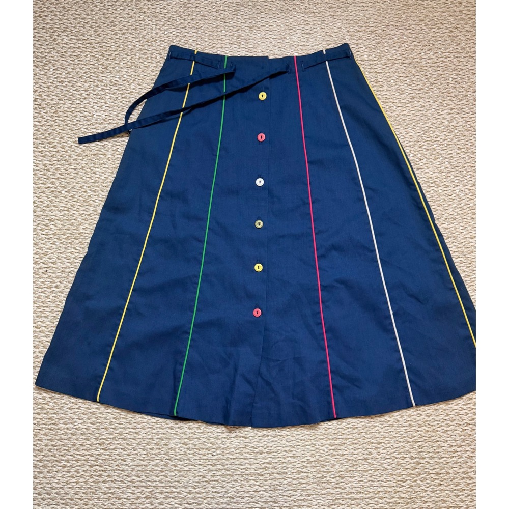 Vintage Navy Blue Rainbow Stripe Button Front A-Line Skirt Midi euro summer 6